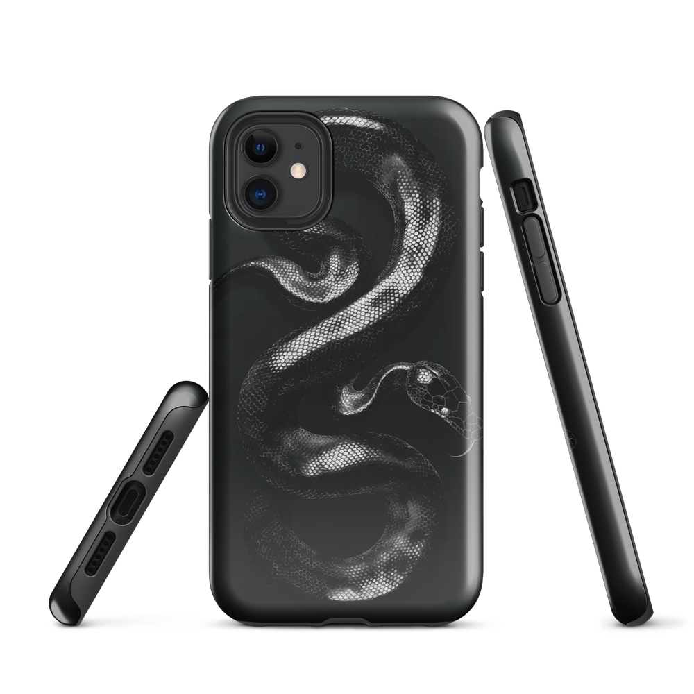 Phone case with detailed black python design on dark background.