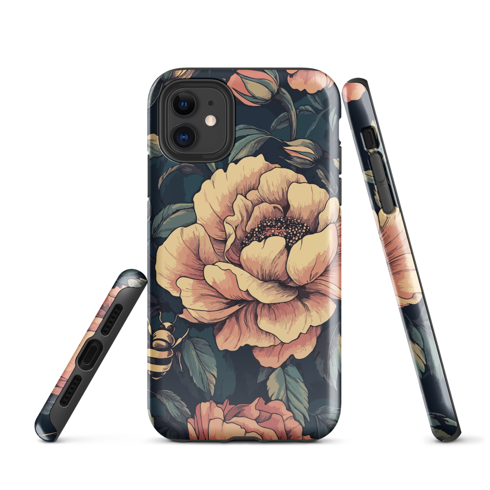 Phone case with vintage-style pink roses and bees on dark background, floral New Zealand artwork.