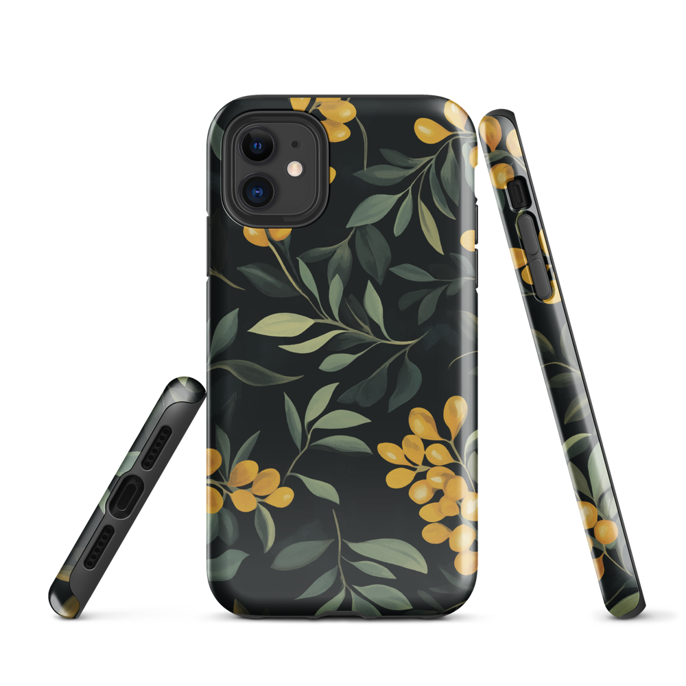 NZ Kowhai phone case with native yellow floral and green leaves on black background by designer Ben Hart.