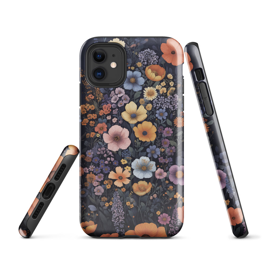 Phone case with colourful wildflowers on dark background, floral art design