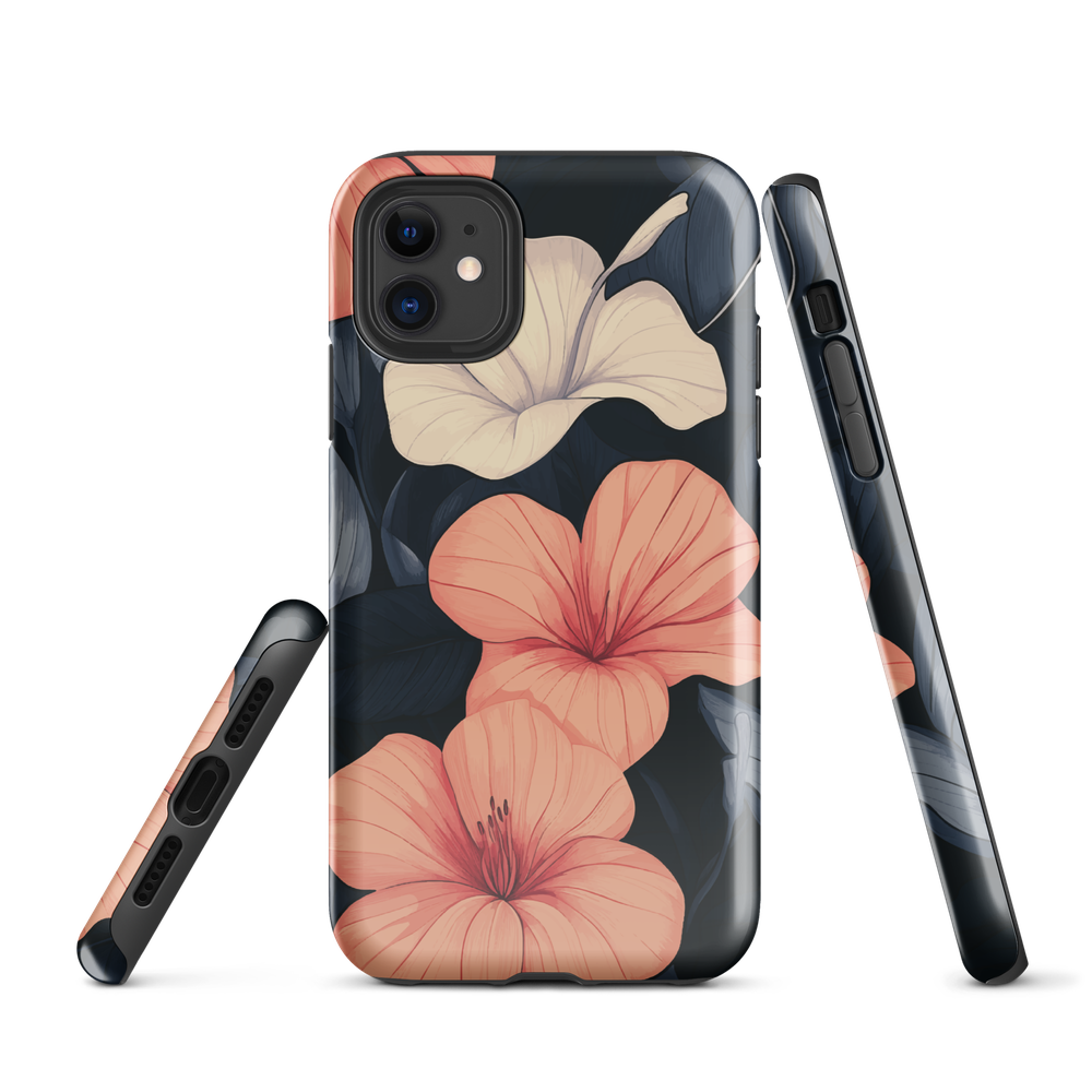 Phone case with coral hibiscus flowers and ivory blooms on dark background