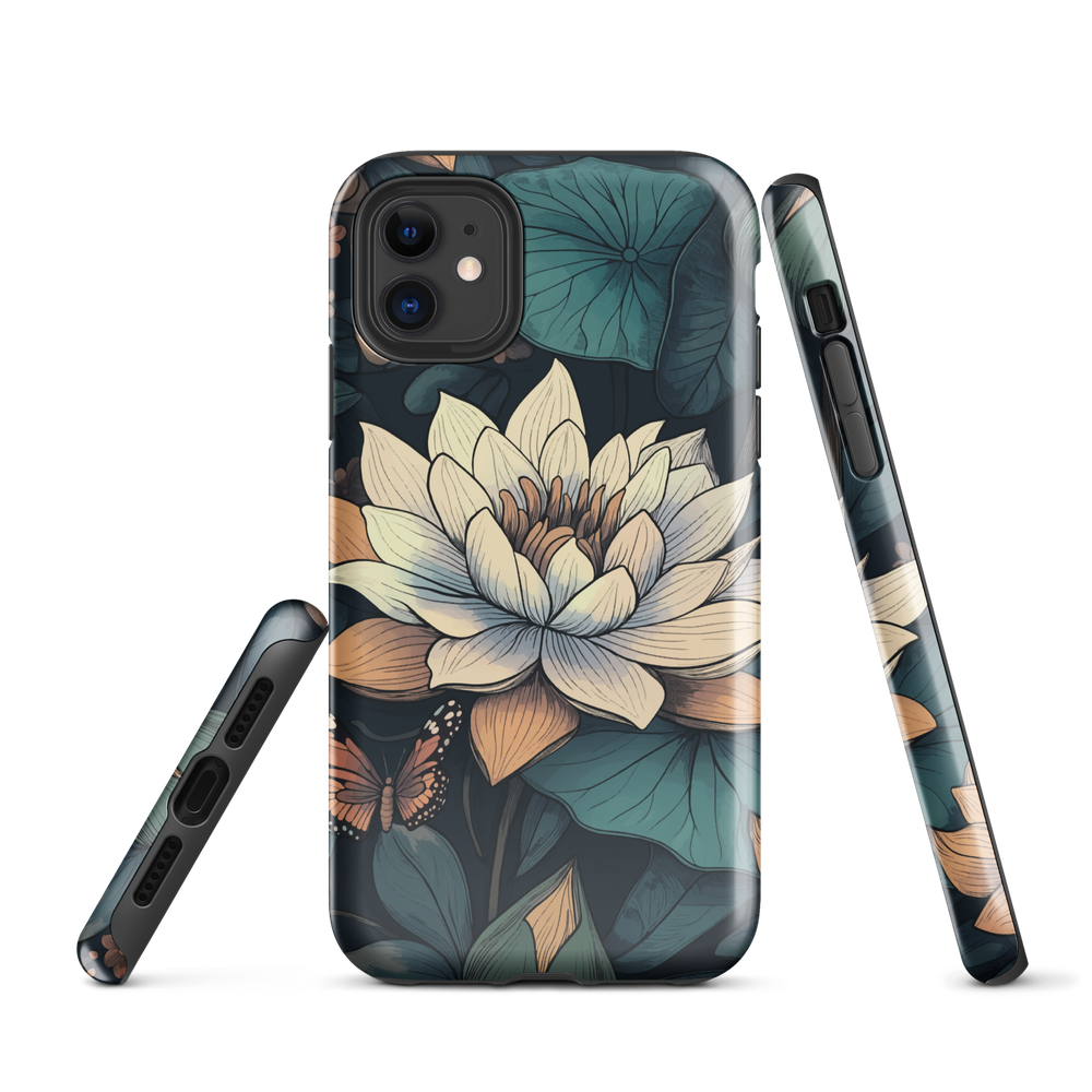 Phone case with ivory water lily, green leaves, and butterfly accents on dark background