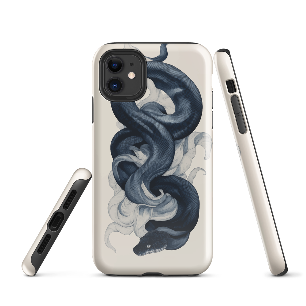 Phone case with black python and smoke design on cream background