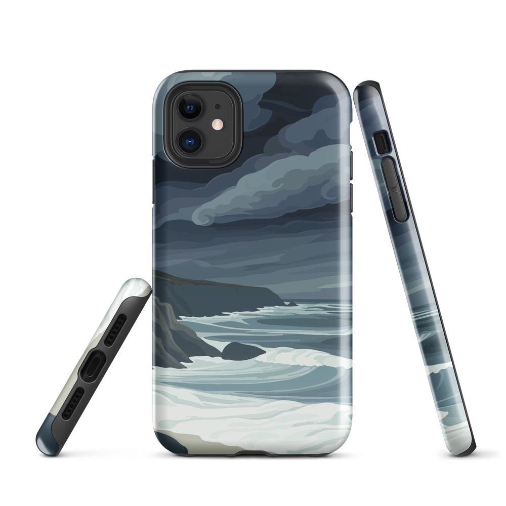 Phone case featuring moody Cape Kidnappers coastline with crashing waves and dark skies