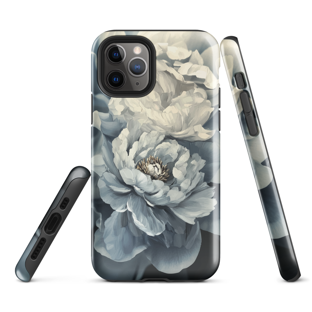 'Whisper' iPhone case features a stunning close-up of softly painted peony blooms in dreamy shades of ivory, grey, and smoky blue.