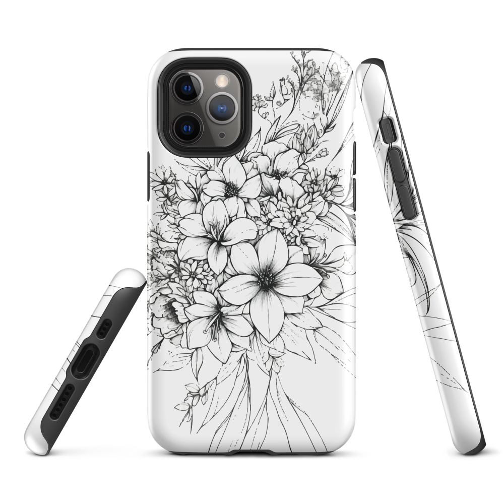 Black and white floral phone case with hand-drawn lilies and wildflowers
