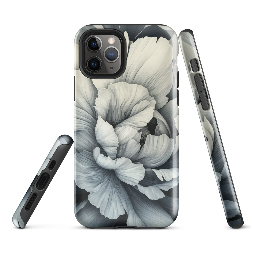 Black and white floral phone case featuring a soft, moody peony design by New Zealand artist Ben Hart.