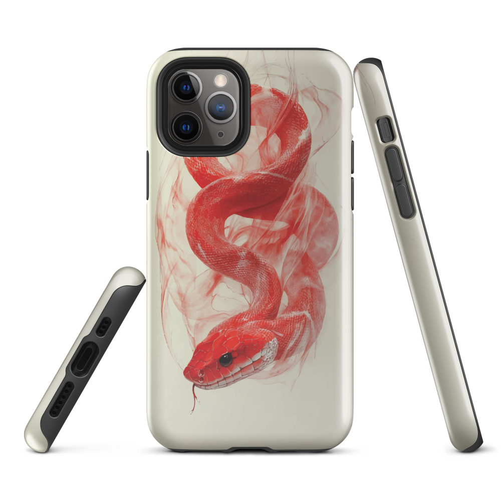 Phone case with red snake design on a cream background, coiled in smoky detail. Bold artwork by NZ designer Ben Hart.