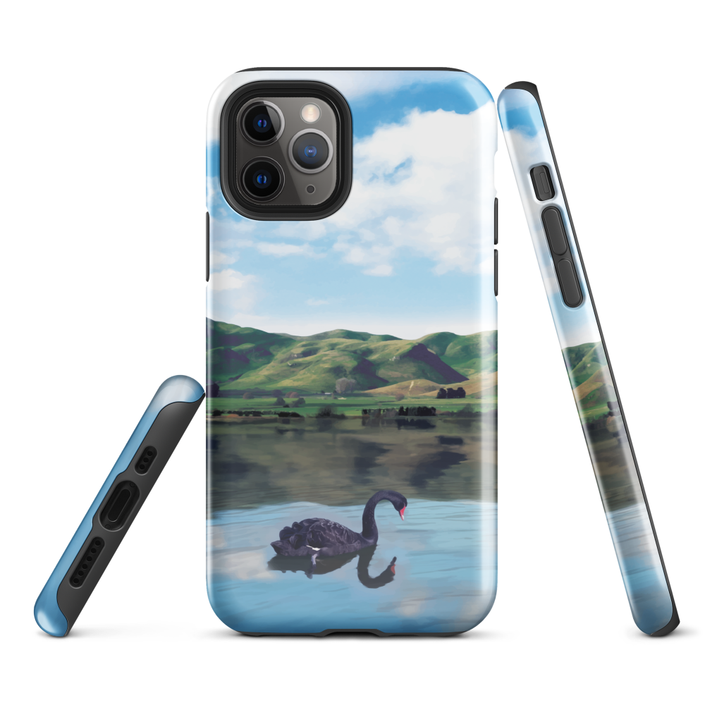 Phone case with a black swan on a calm lake, New Zealand hills in the background. Art by NZ designer Ben Hart.
