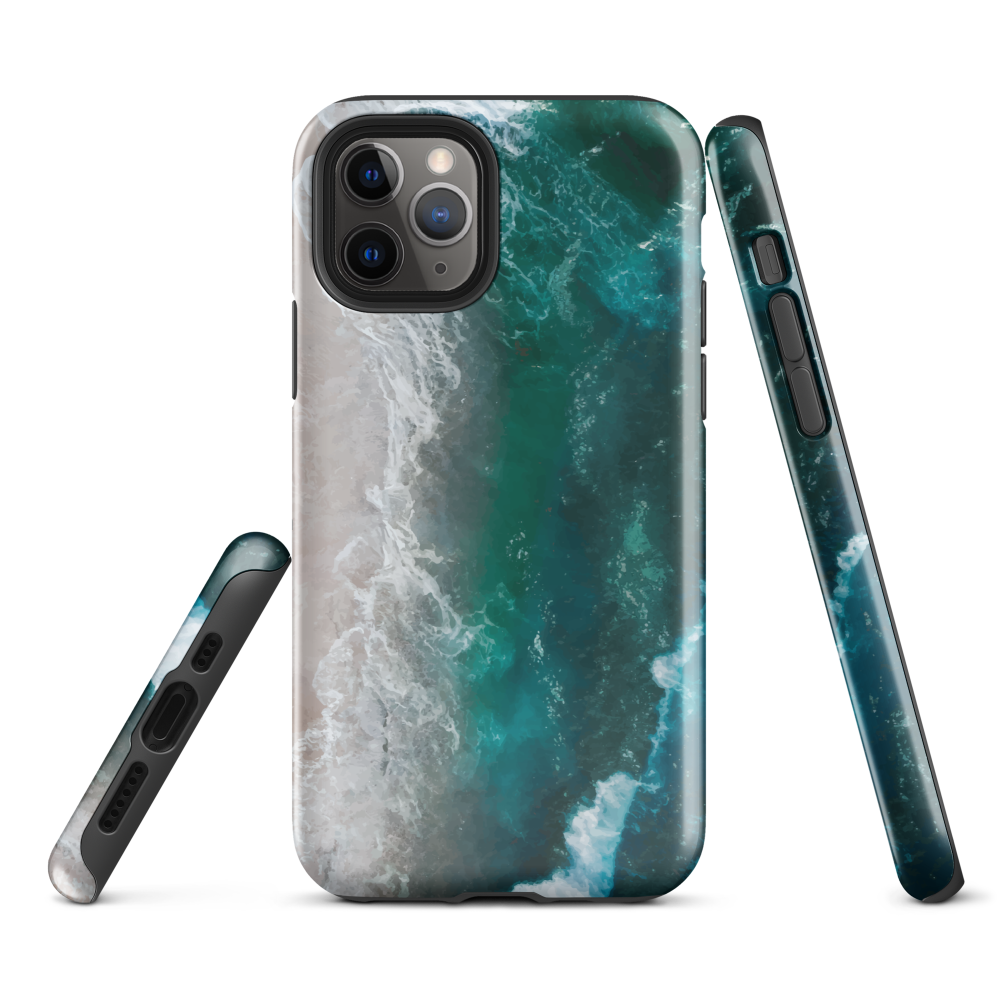 Ocean wave phone case with abstract beach design in teal and white, by NZ artist Ben Hart.