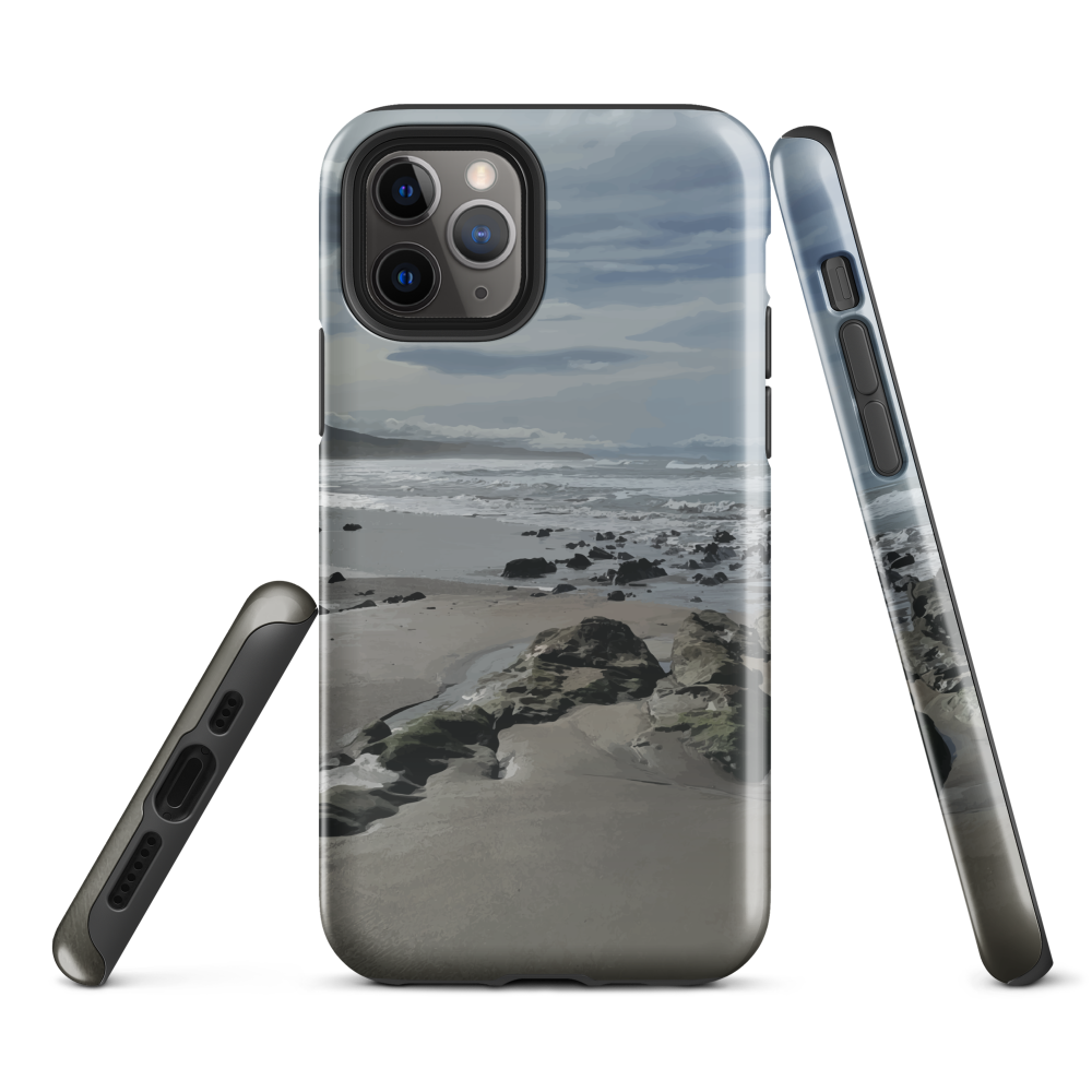 Phone case with artwork of Riversdale Beach, Masterton – rocks, waves and sky by NZ artist Ben Hart.