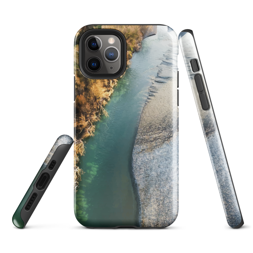 Phone case with aerial riverbend artwork and earthy tones, designed by New Zealand artist Ben Hart.