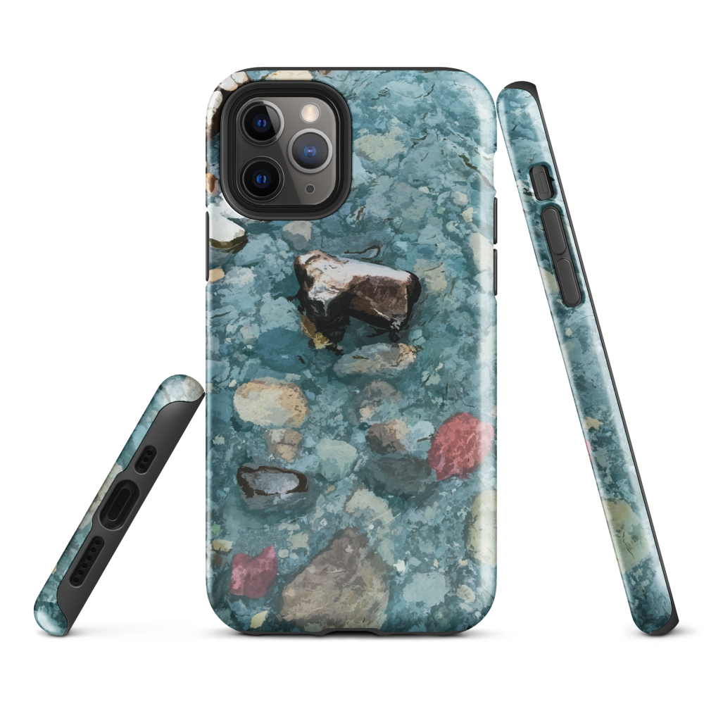 Washed Away designer phone case with abstract river stone artwork in earthy blues and natural tones.