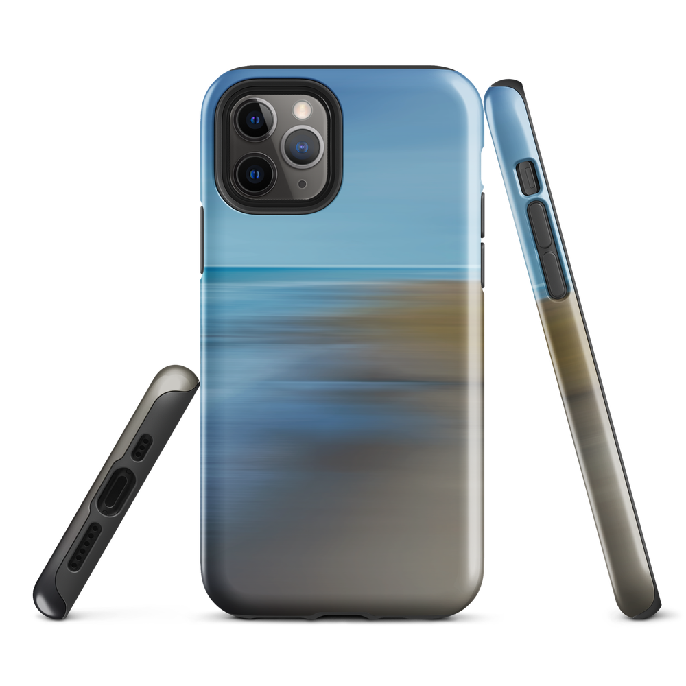 Ocean Breeze phone case with abstract blue and sandy tones inspired by sea and sky.