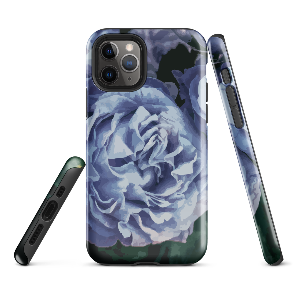 Designer phone case with a bold blue rose artwork and glossy finish.
