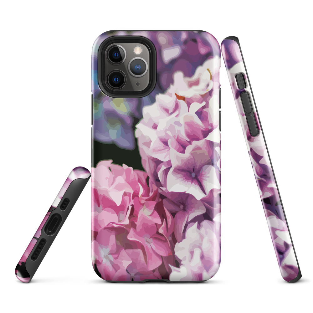 Designer phone case with pink and purple hydrangea floral artwork.