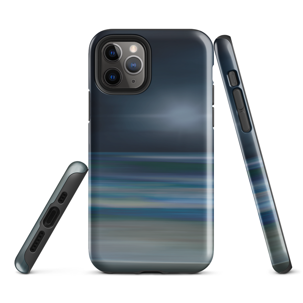 Dark abstract phone case with blue and grey streaks and glossy finish.