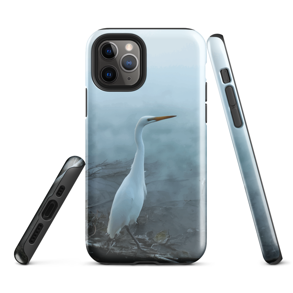 Phone case with a white heron standing in a misty wetland scene.