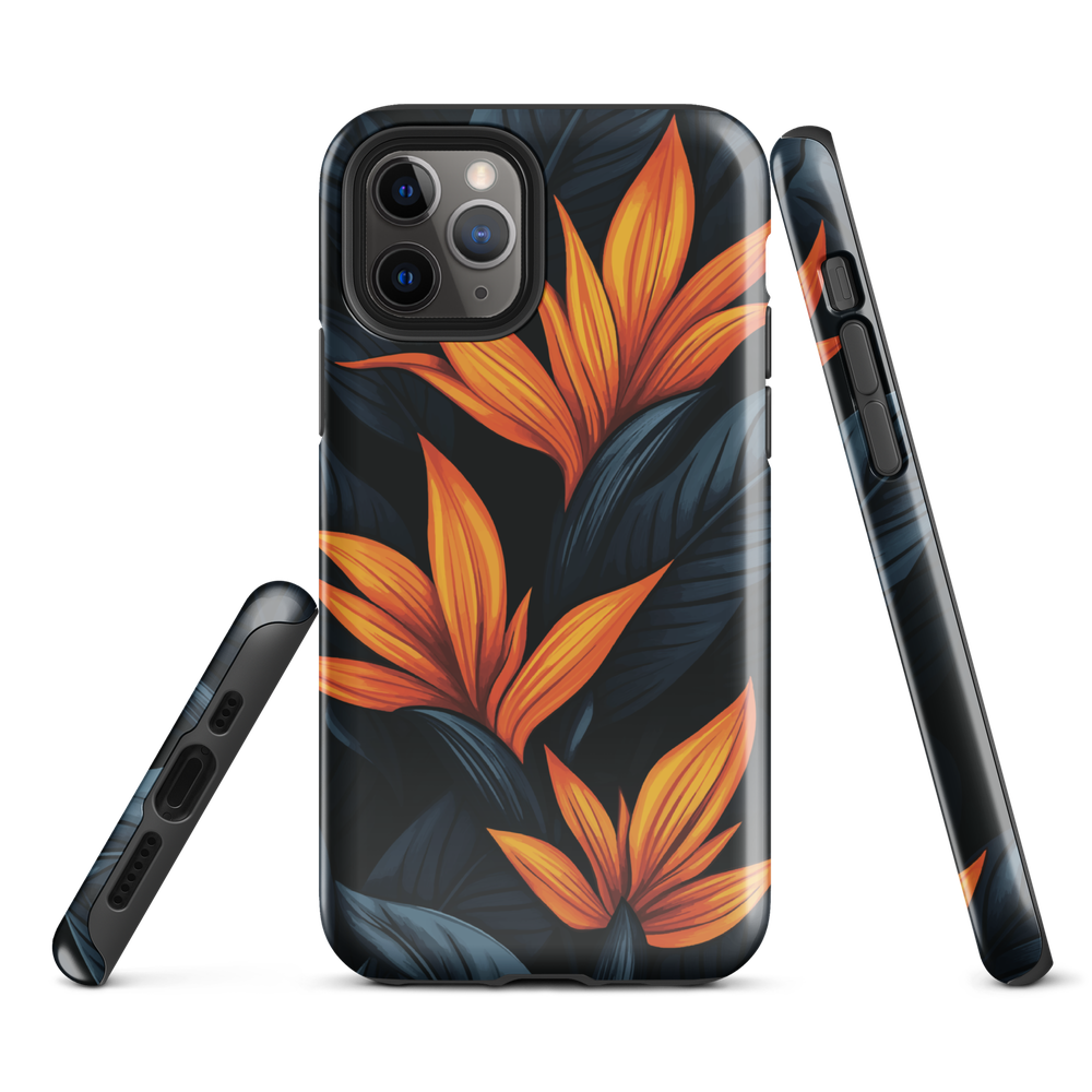 Phone case with bold orange bird of paradise flowers on dark background.