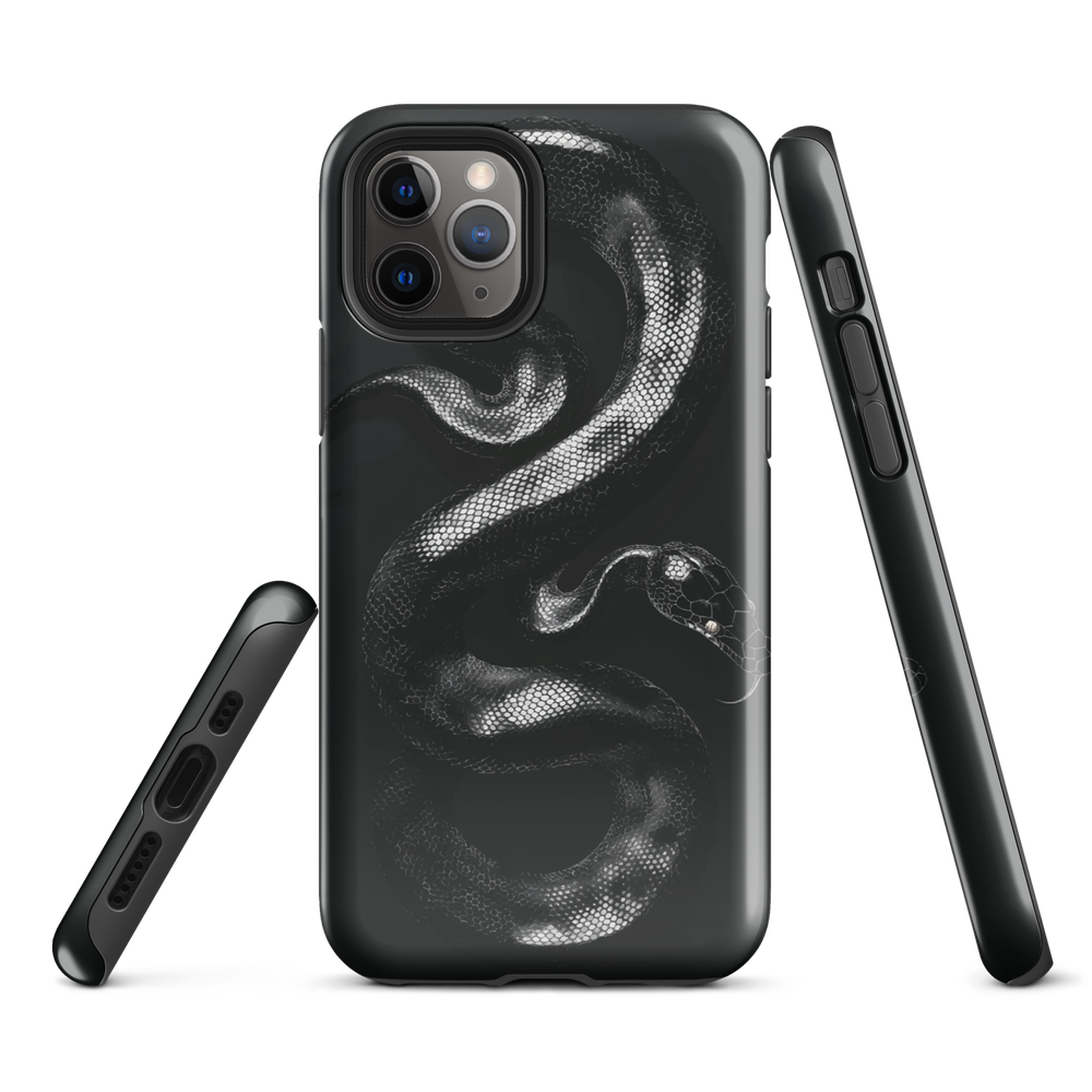 Phone case with detailed black python design on dark background.