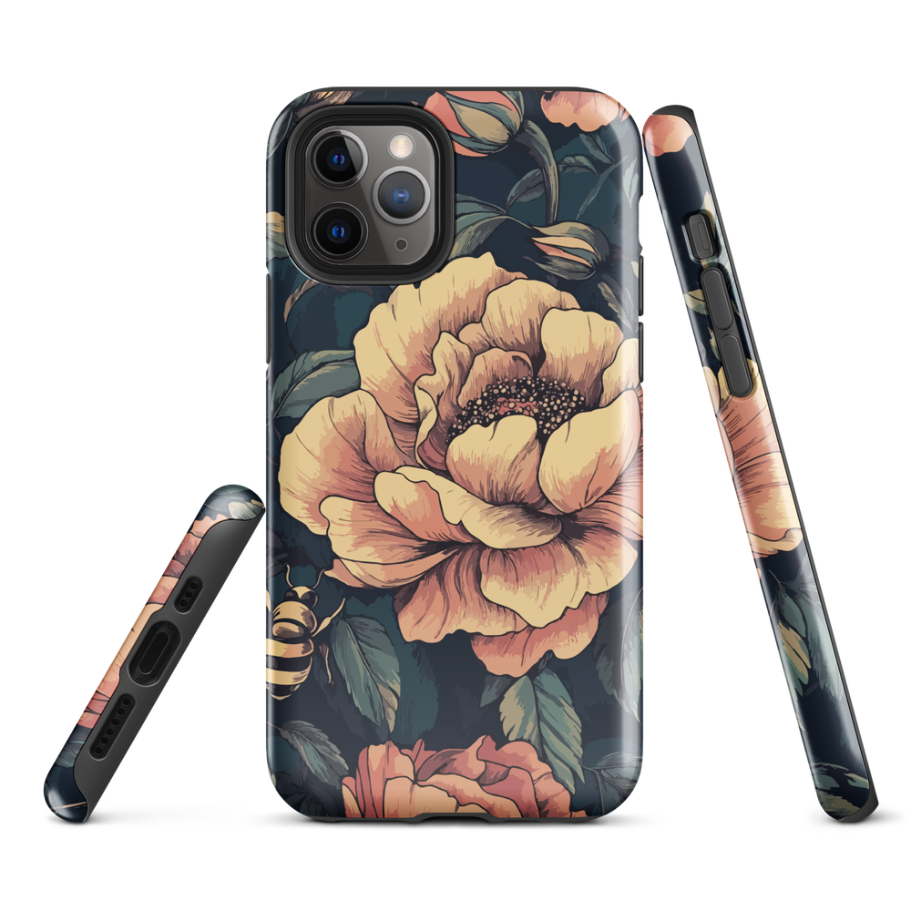 Phone case with vintage-style pink roses and bees on dark background, floral New Zealand artwork.
