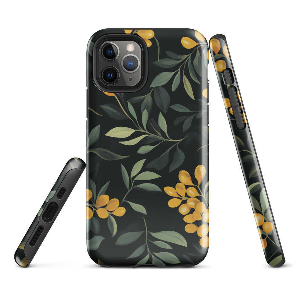NZ Kowhai phone case with native yellow floral and green leaves on black background by designer Ben Hart.