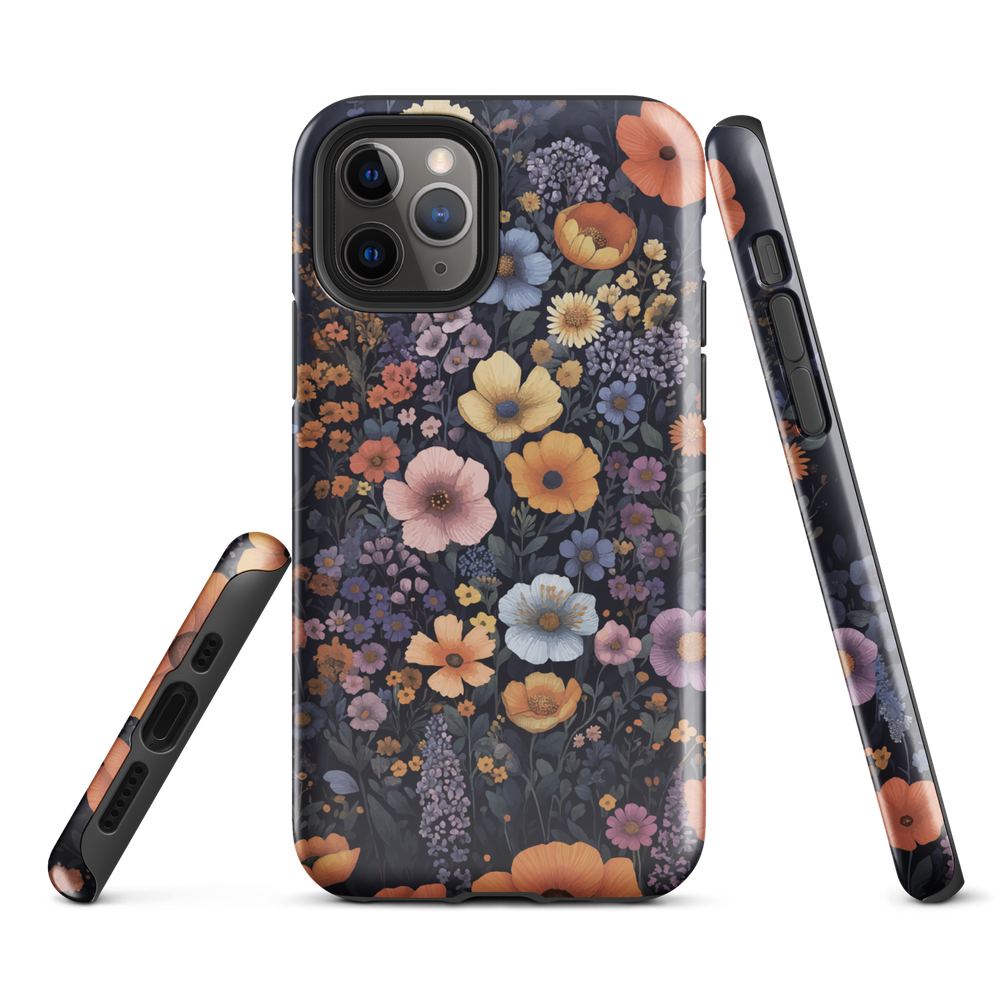 Phone case with colourful wildflowers on dark background, floral art design