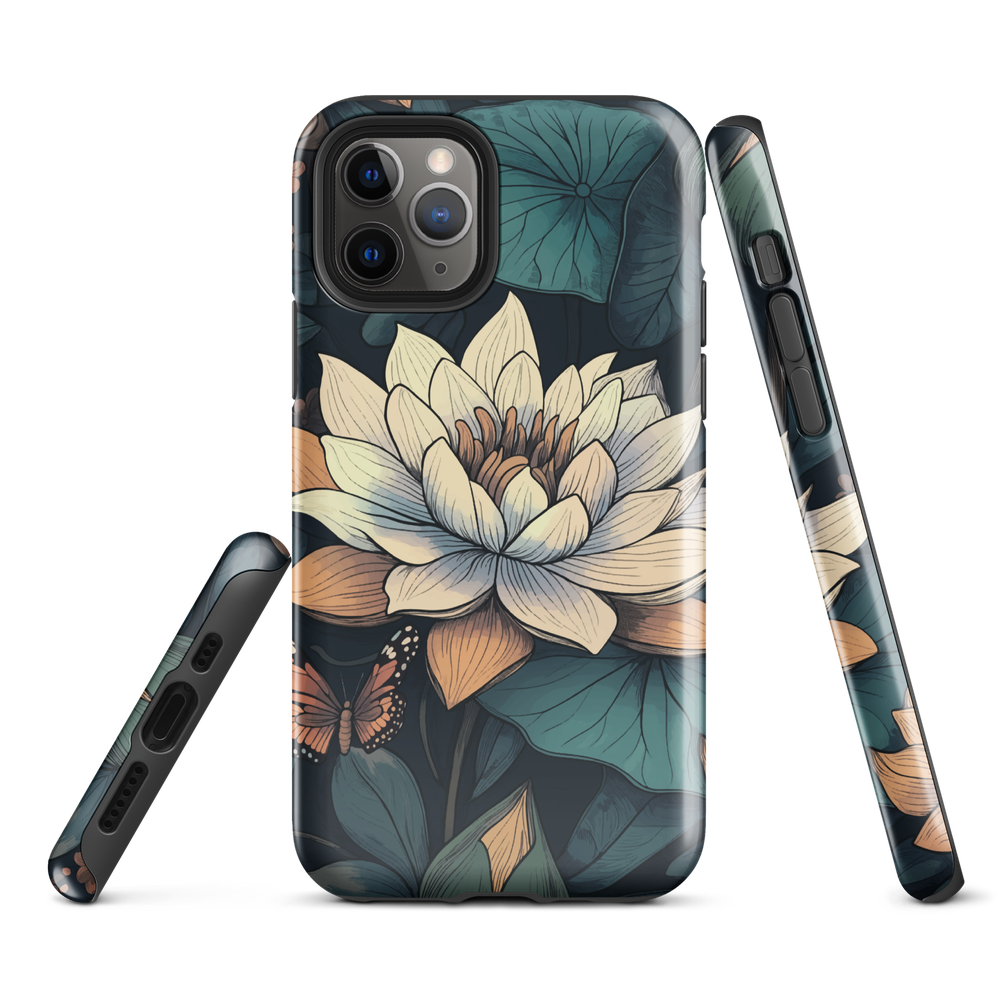 Phone case with ivory water lily, green leaves, and butterfly accents on dark background