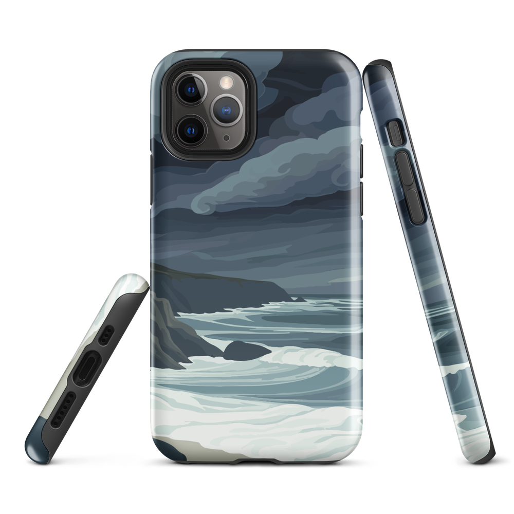 Phone case featuring moody Cape Kidnappers coastline with crashing waves and dark skies