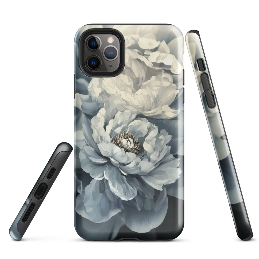 'Whisper' iPhone case features a stunning close-up of softly painted peony blooms in dreamy shades of ivory, grey, and smoky blue.