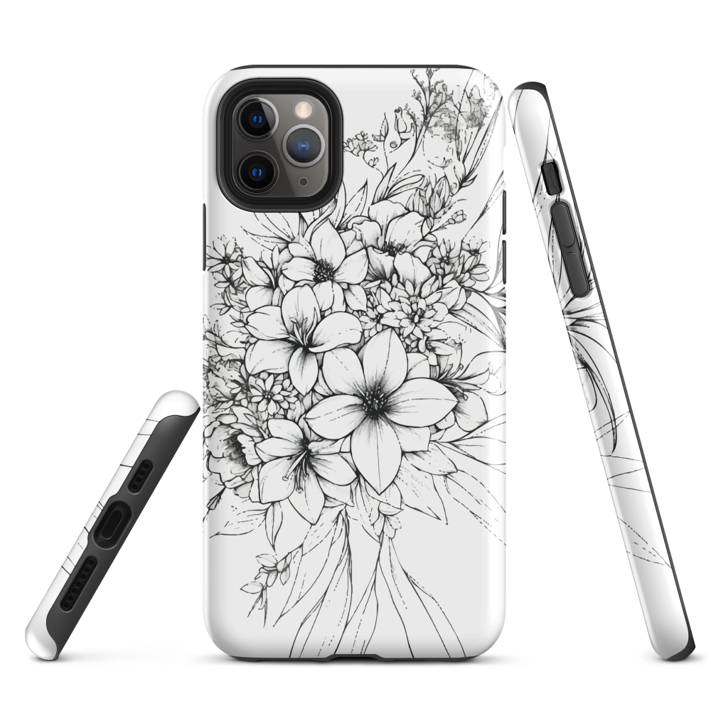 Black and white floral phone case with hand-drawn lilies and wildflowers