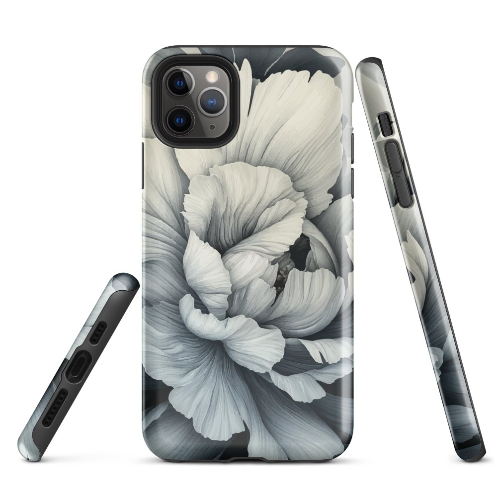 Black and white floral phone case featuring a soft, moody peony design by New Zealand artist Ben Hart.
