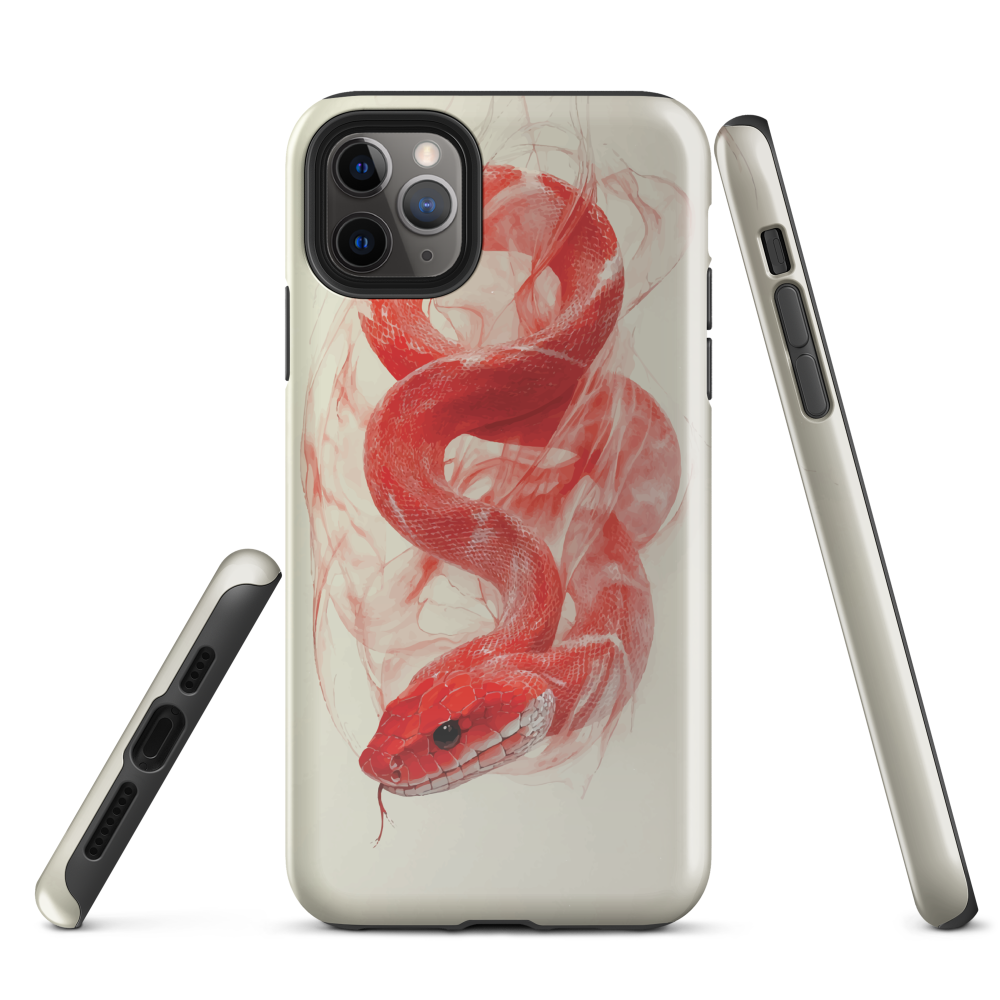 Phone case with red snake design on a cream background, coiled in smoky detail. Bold artwork by NZ designer Ben Hart.
