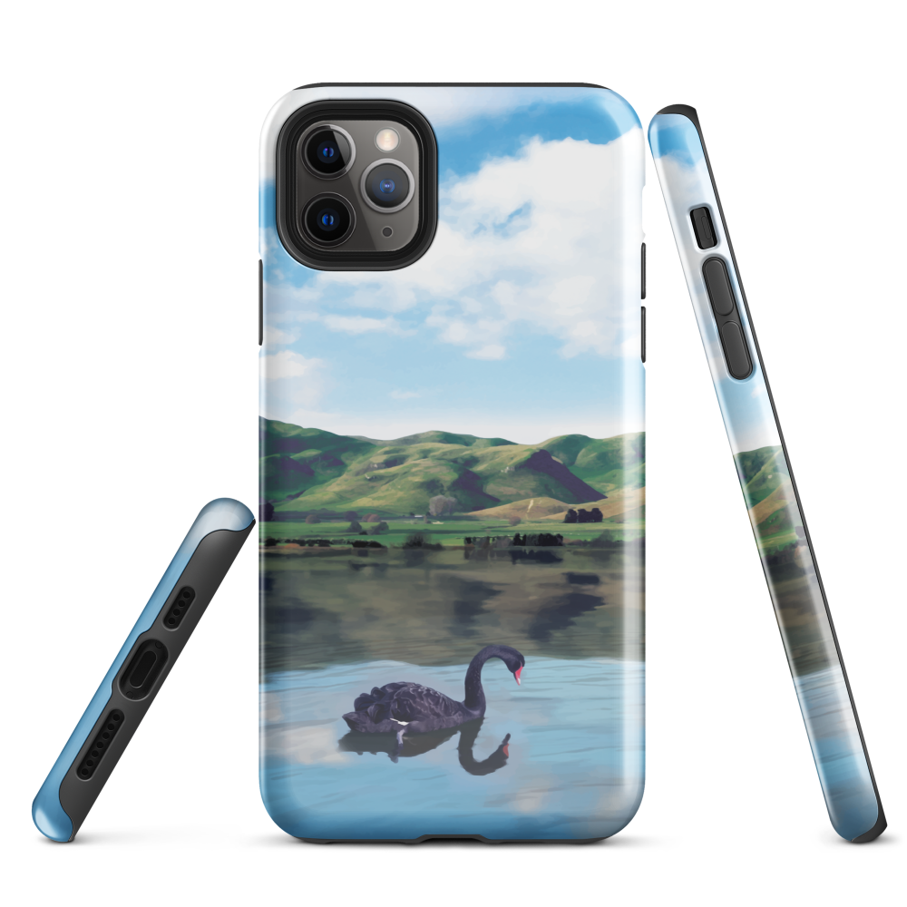 Phone case with a black swan on a calm lake, New Zealand hills in the background. Art by NZ designer Ben Hart.