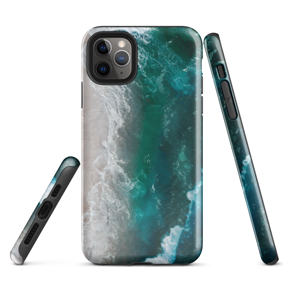 Ocean wave phone case with abstract beach design in teal and white, by NZ artist Ben Hart.