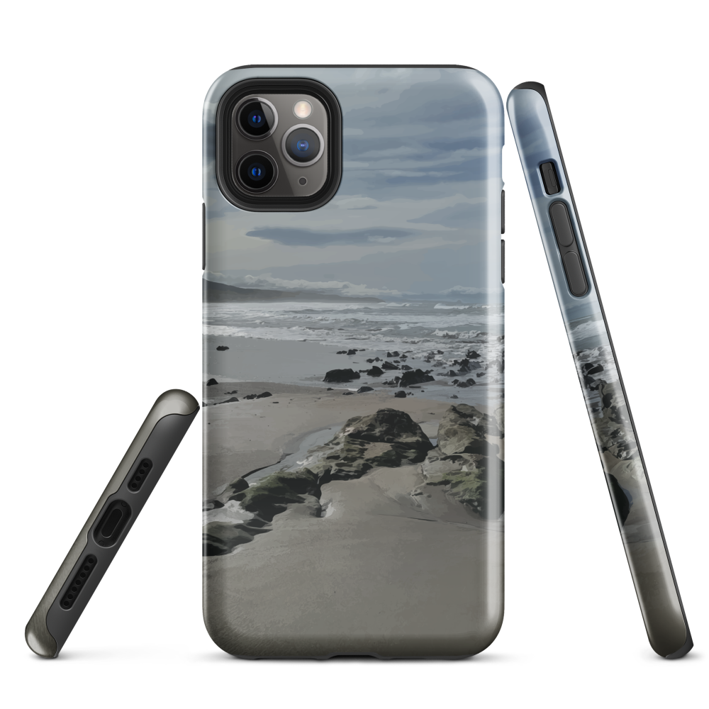Phone case with artwork of Riversdale Beach, Masterton – rocks, waves and sky by NZ artist Ben Hart.