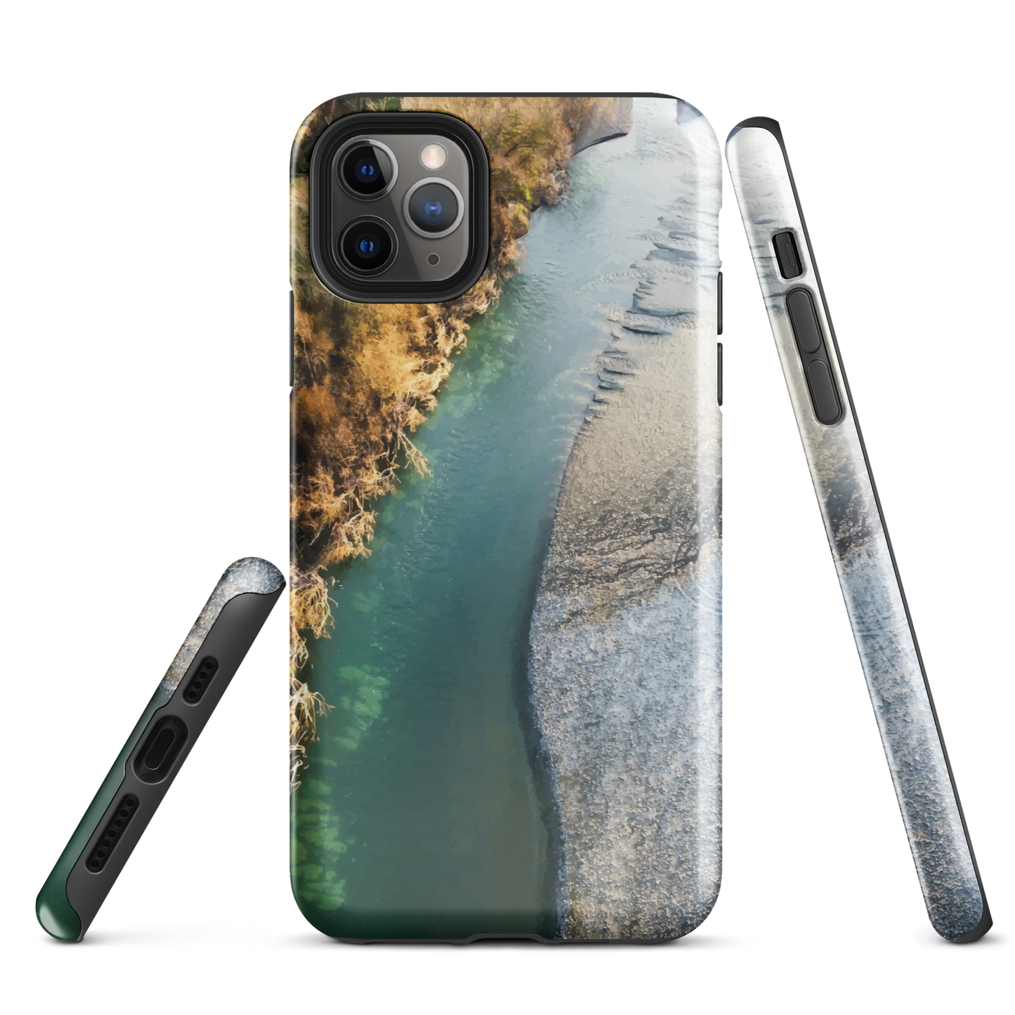 Phone case with aerial riverbend artwork and earthy tones, designed by New Zealand artist Ben Hart.