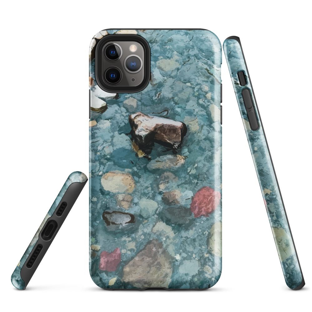 Washed Away designer phone case with abstract river stone artwork in earthy blues and natural tones.