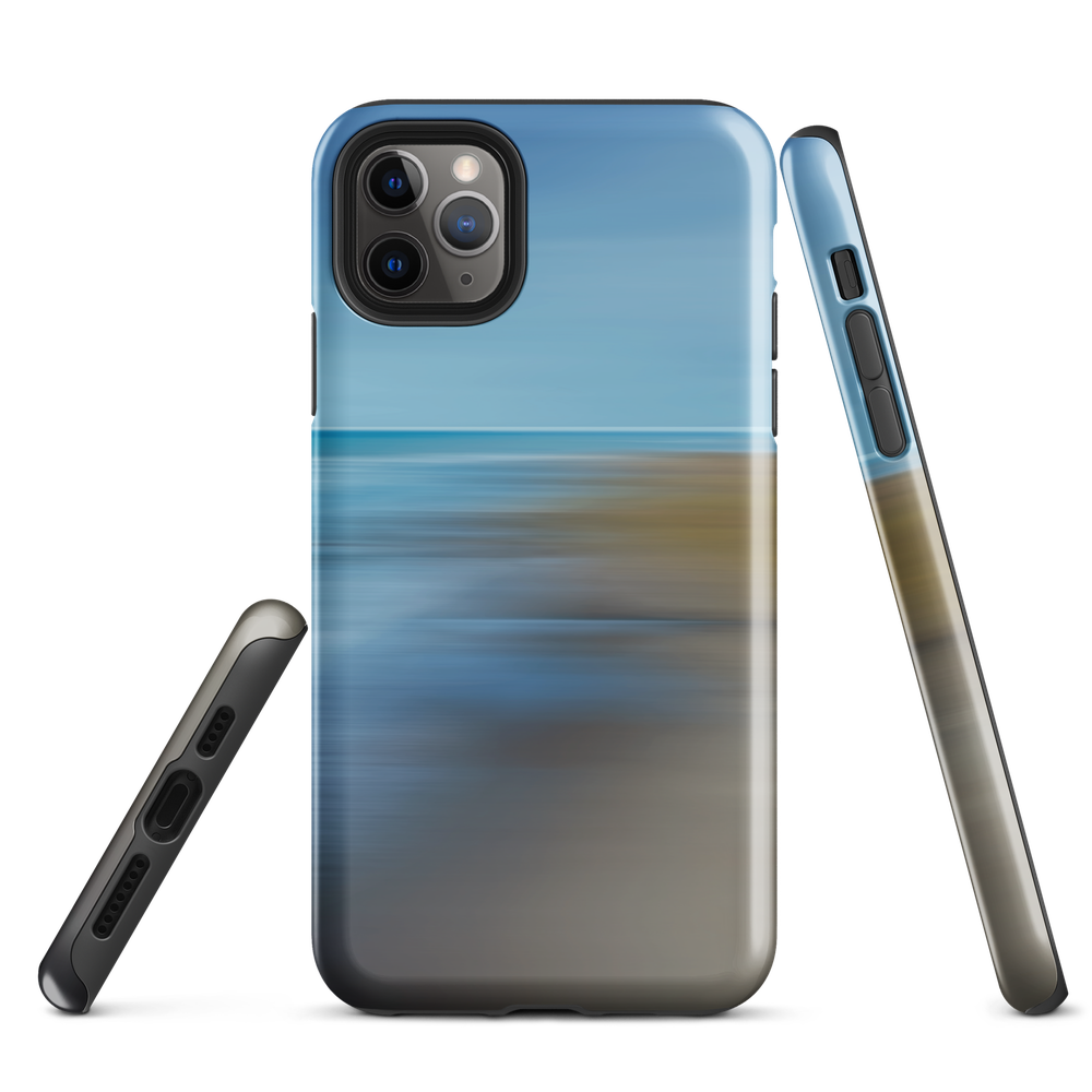 Ocean Breeze phone case with abstract blue and sandy tones inspired by sea and sky.