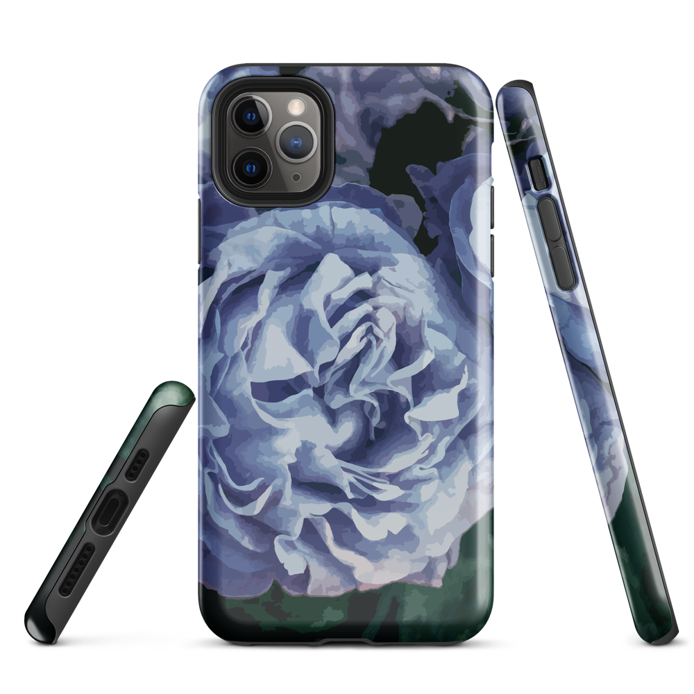 Designer phone case with a bold blue rose artwork and glossy finish.
