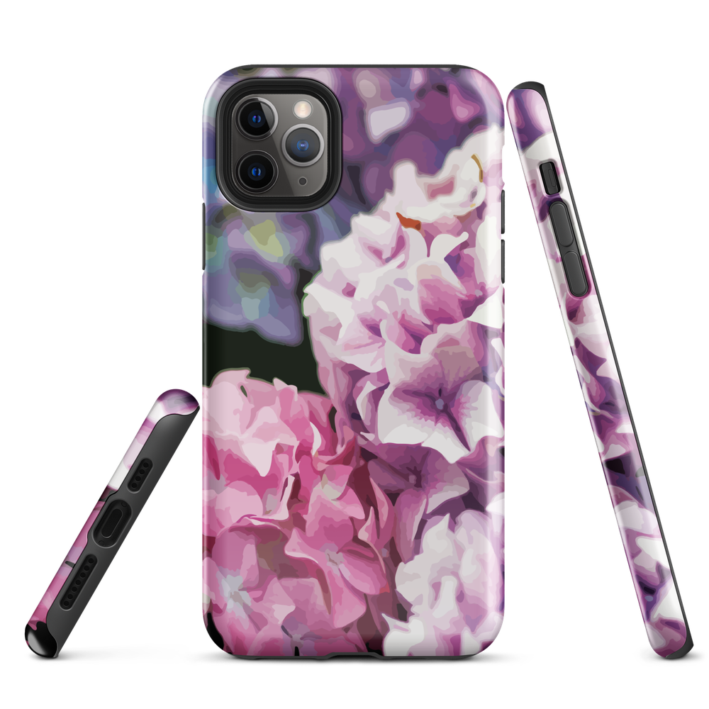 Designer phone case with pink and purple hydrangea floral artwork.
