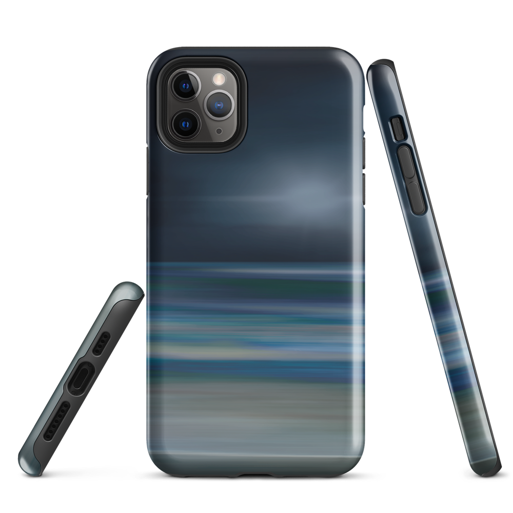 Dark abstract phone case with blue and grey streaks and glossy finish.