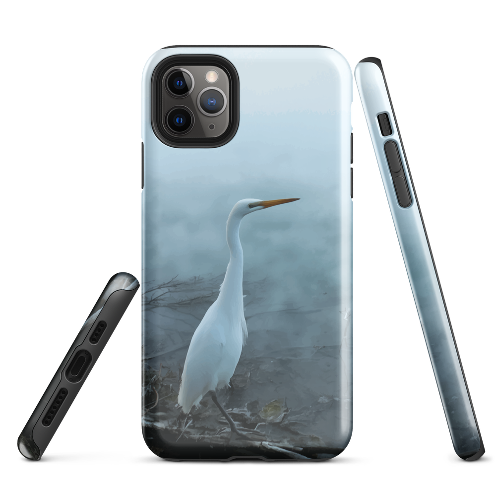 Phone case with a white heron standing in a misty wetland scene.
