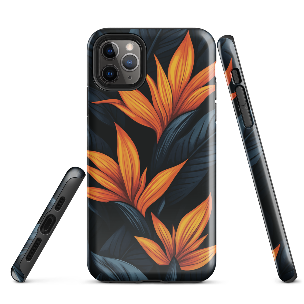 Phone case with bold orange bird of paradise flowers on dark background.