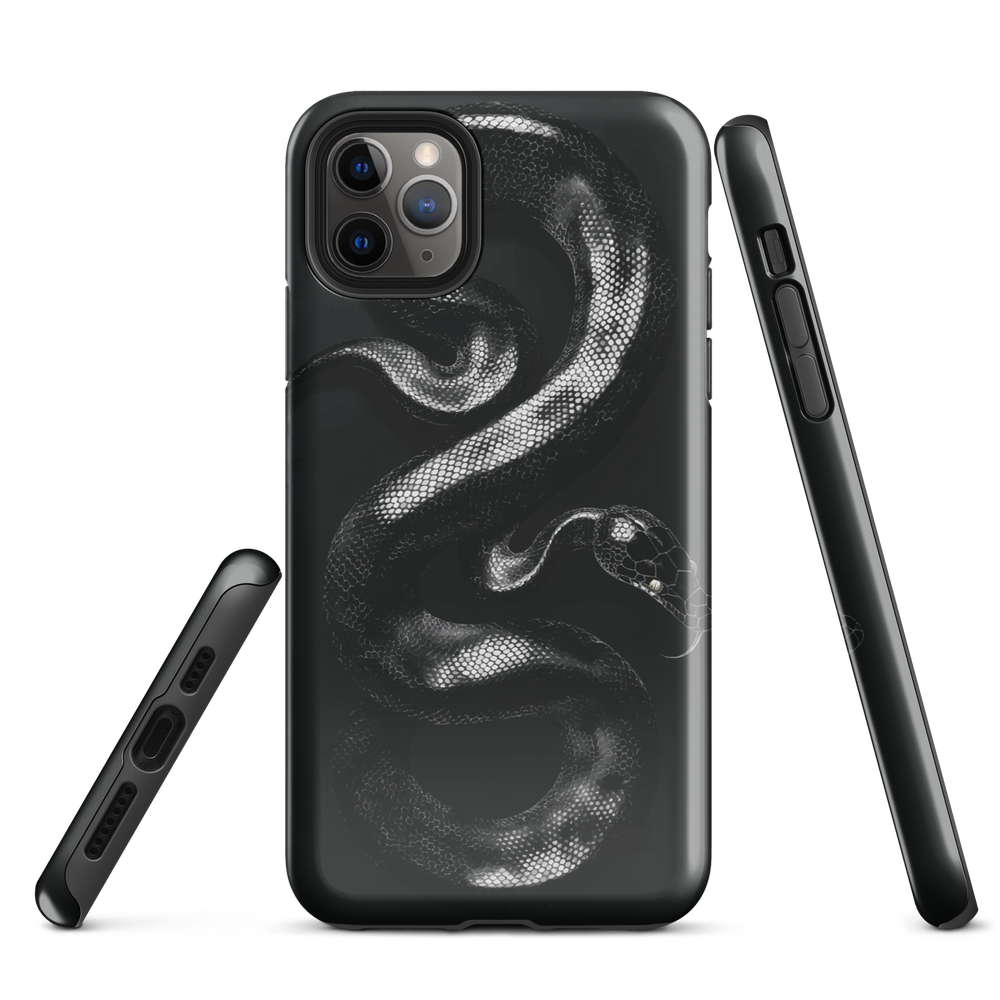 Phone case with detailed black python design on dark background.