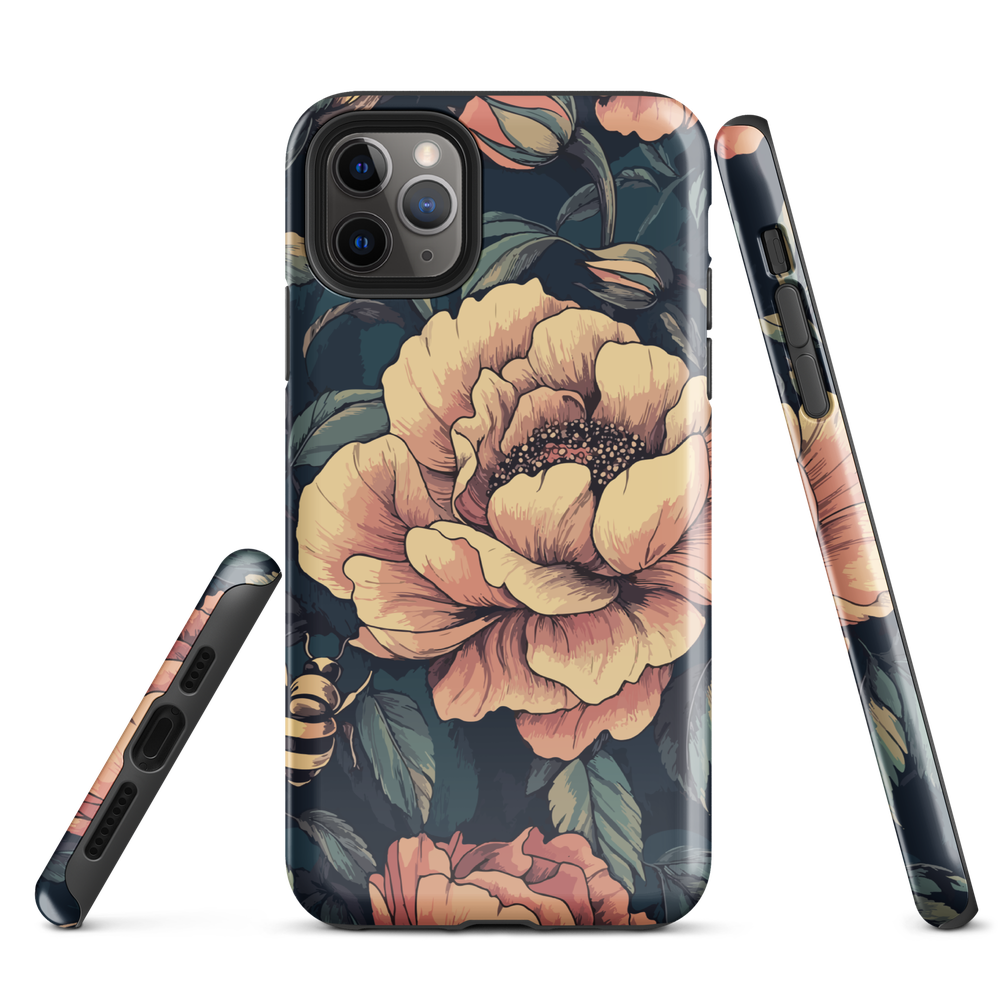 Phone case with vintage-style pink roses and bees on dark background, floral New Zealand artwork.