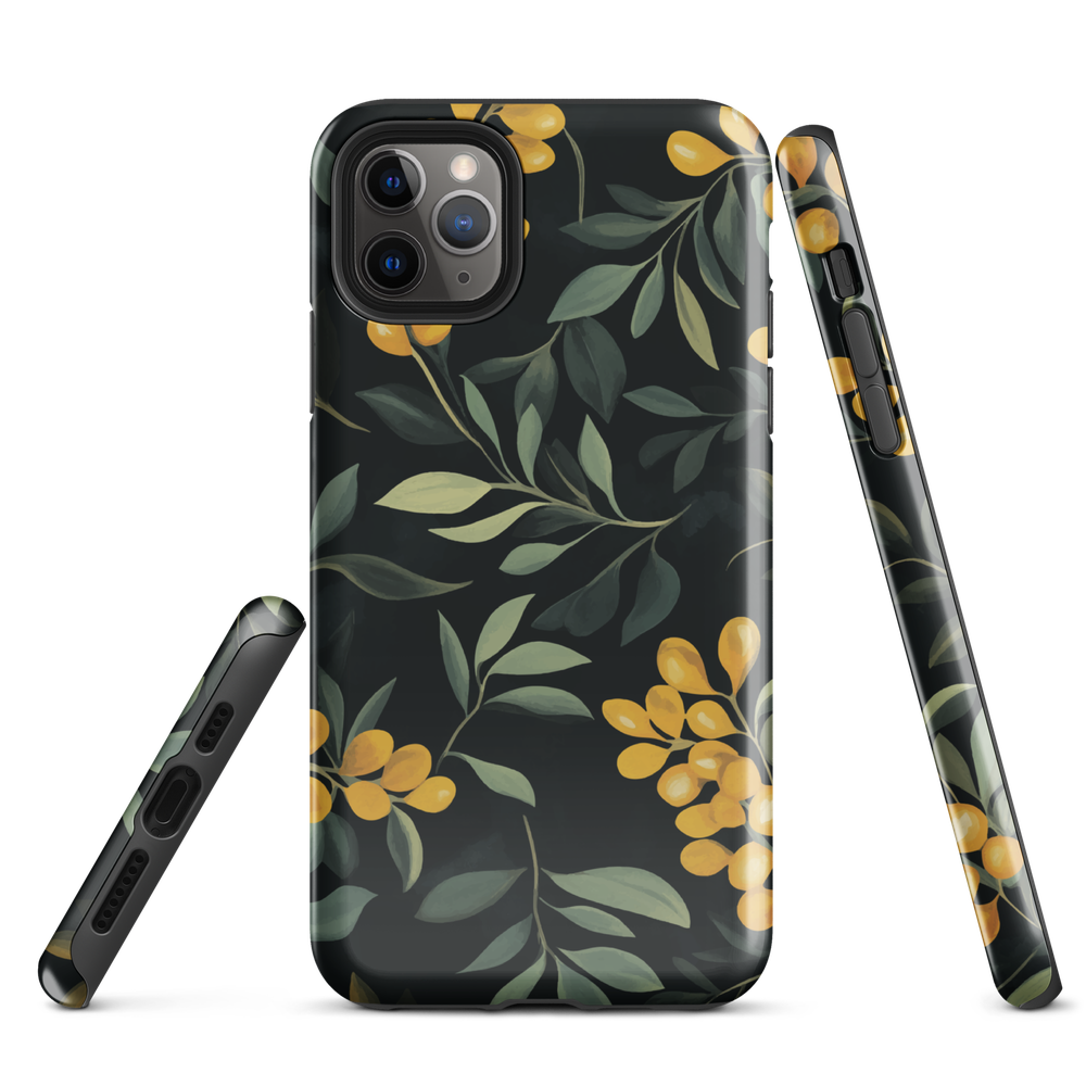 NZ Kowhai phone case with native yellow floral and green leaves on black background by designer Ben Hart.