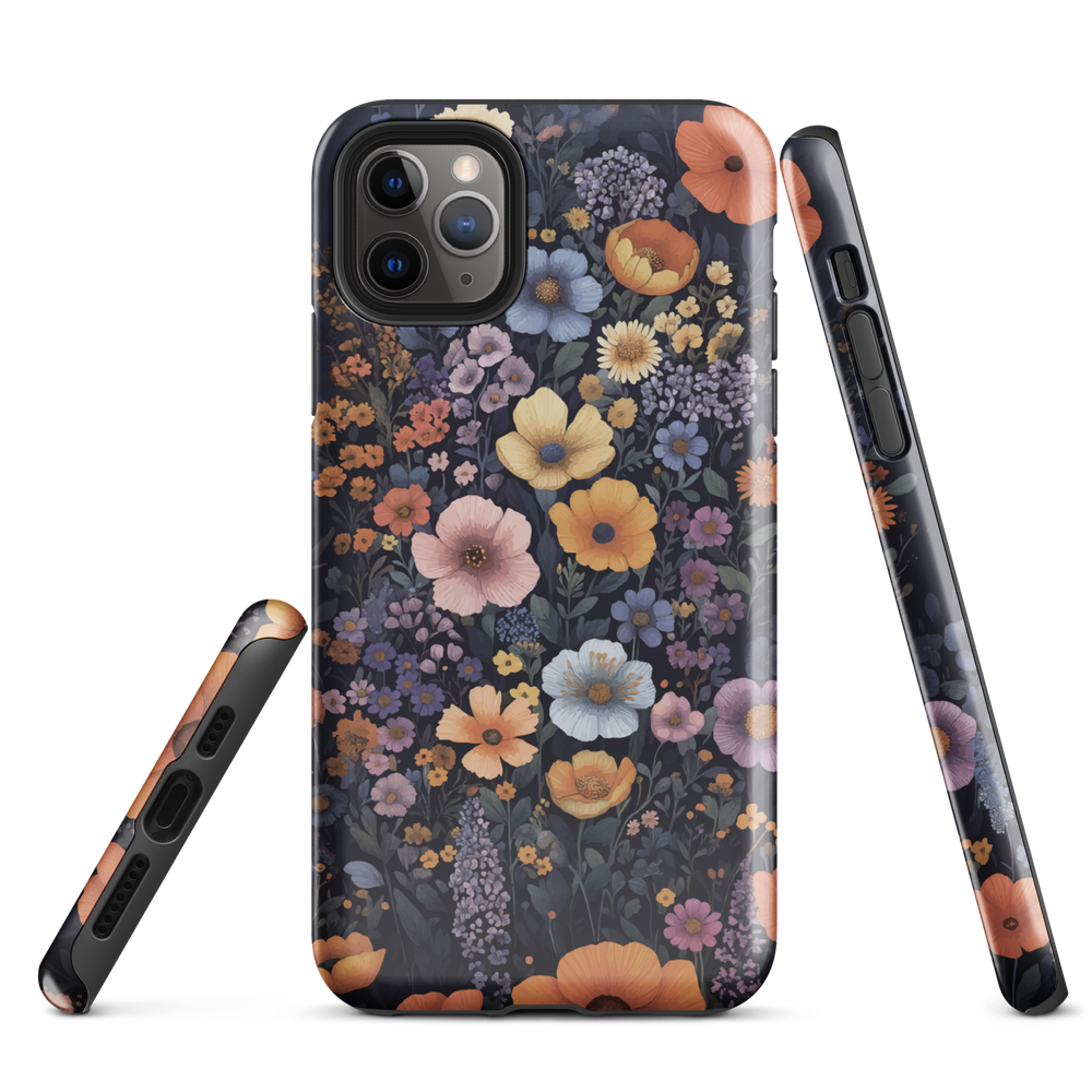 Phone case with colourful wildflowers on dark background, floral art design