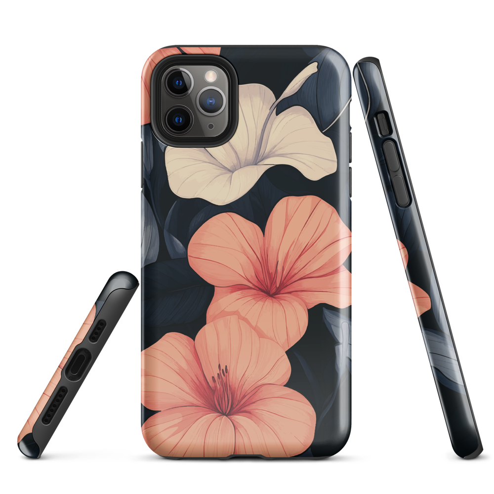 Phone case with coral hibiscus flowers and ivory blooms on dark background