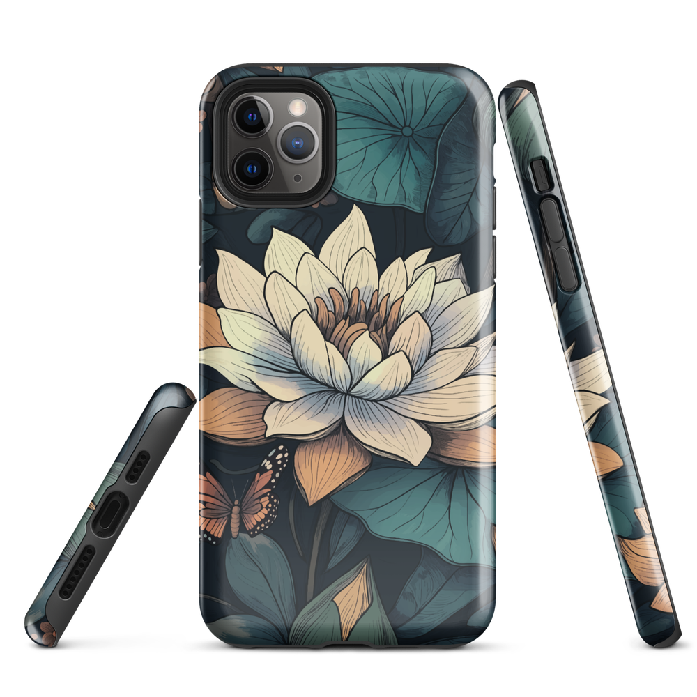 Phone case with ivory water lily, green leaves, and butterfly accents on dark background
